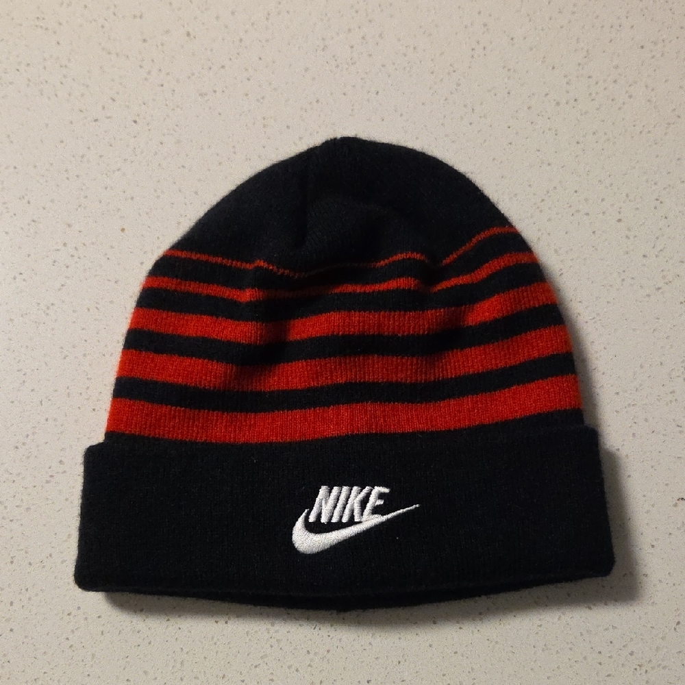 Nike‎ Mens Black and Red Striped Cuffed Beanie with White Swoosh